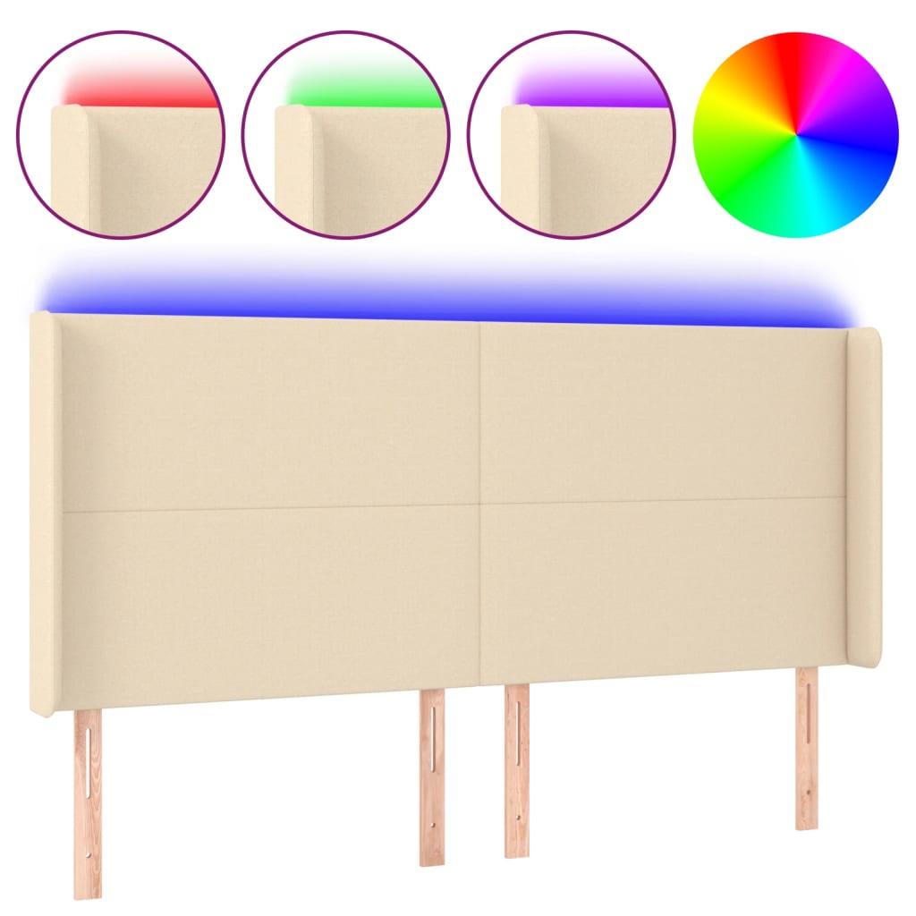 sengegavl med LED-lys 183x16x118/128 cm stof cremefarvet