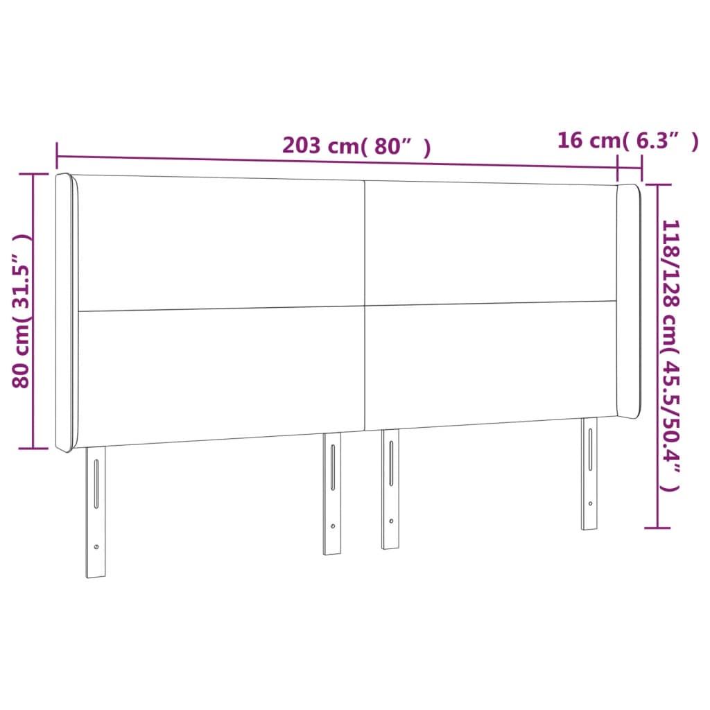 sengegavl med LED-lys 203x16x118/128 cm stof mørkegrå