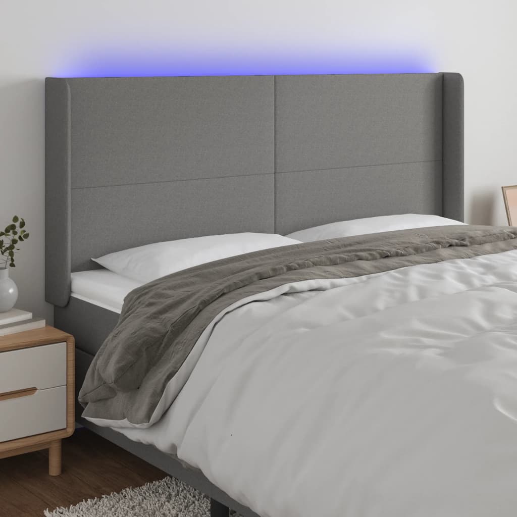 sengegavl med LED-lys 203x16x118/128 cm stof mørkegrå