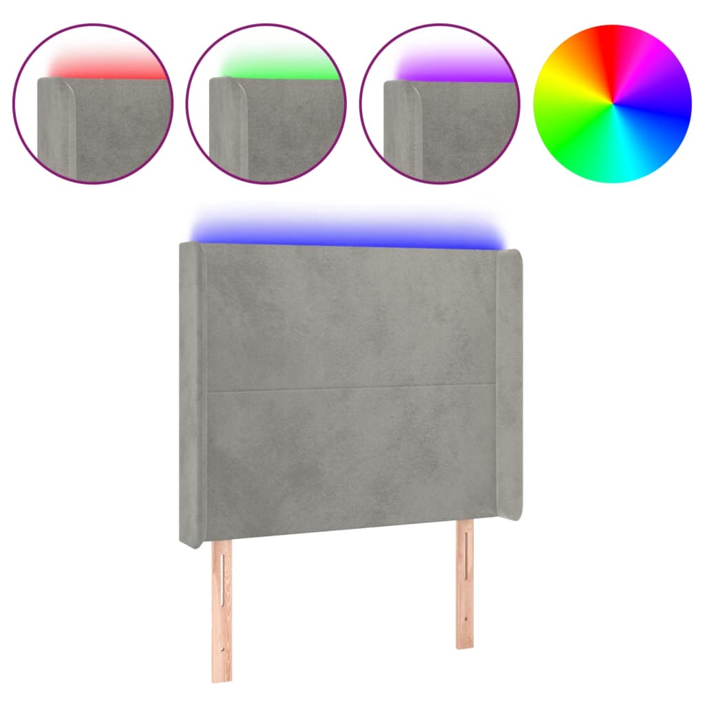 sengegavl med LED-lys 83x16x118/128 cm fløjl lysegrå