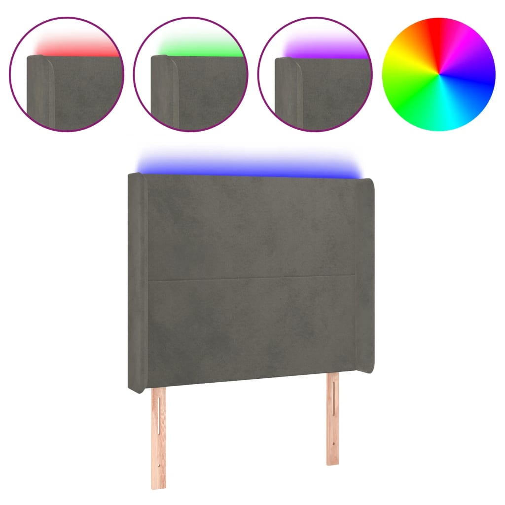 sengegavl med LED-lys 83x16x118/128 cm fløjl mørkegrå