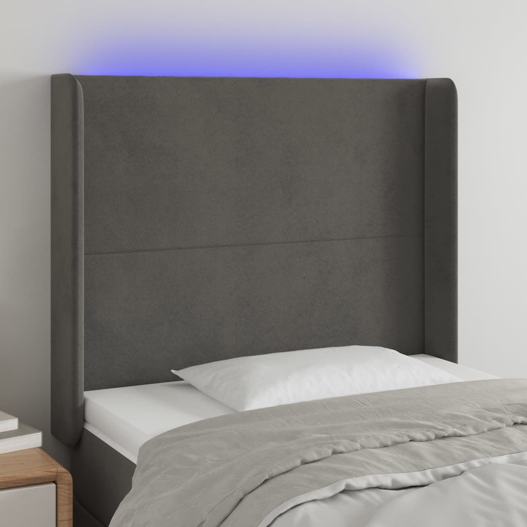 sengegavl med LED-lys 83x16x118/128 cm fløjl mørkegrå