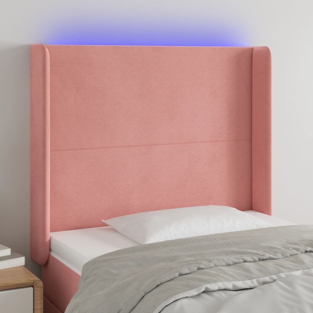 sengegavl med LED-lys 83x16x118/128 cm fløjl lyserød
