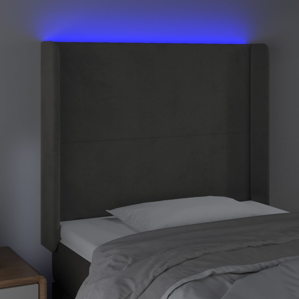 sengegavl med LED-lys 93x16x118/128 cm fløjl mørkegrå