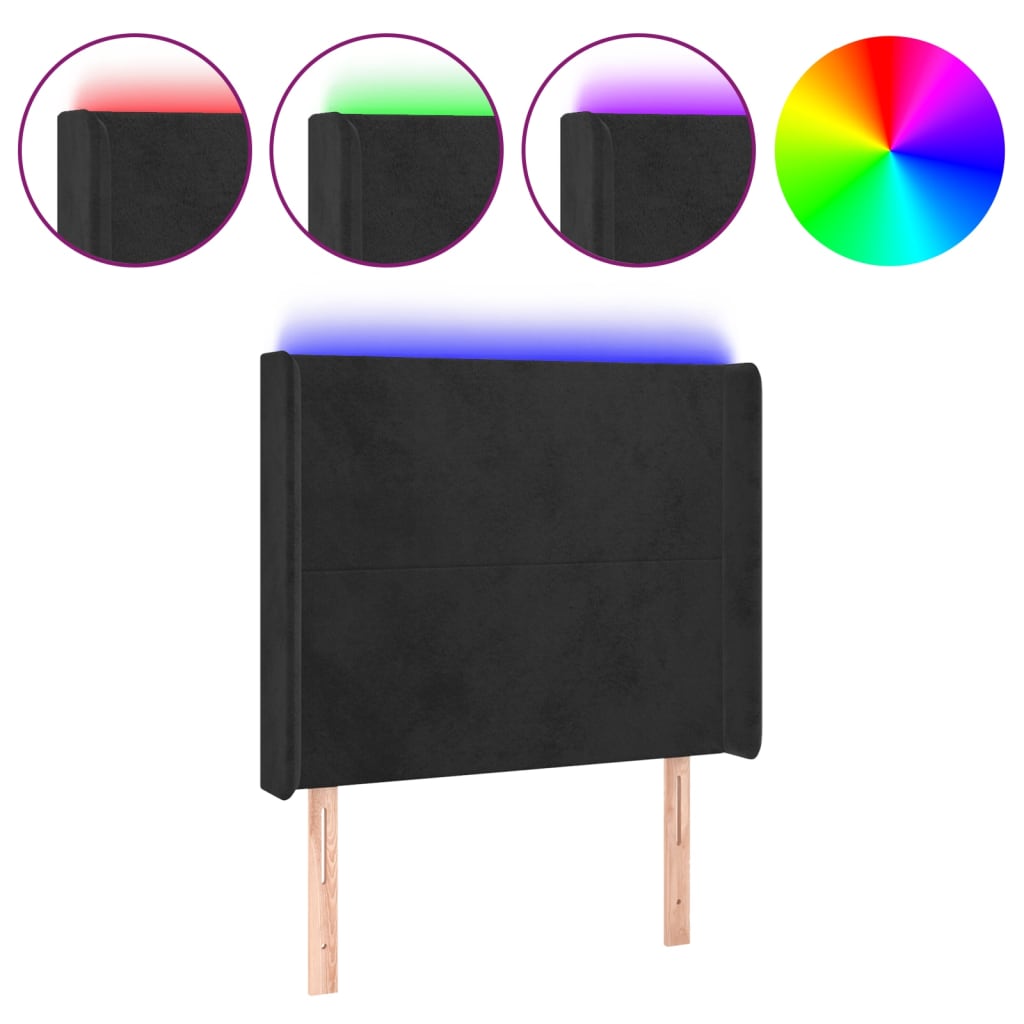 sengegavl med LED-lys 93x16x118/128 cm fløjl sort