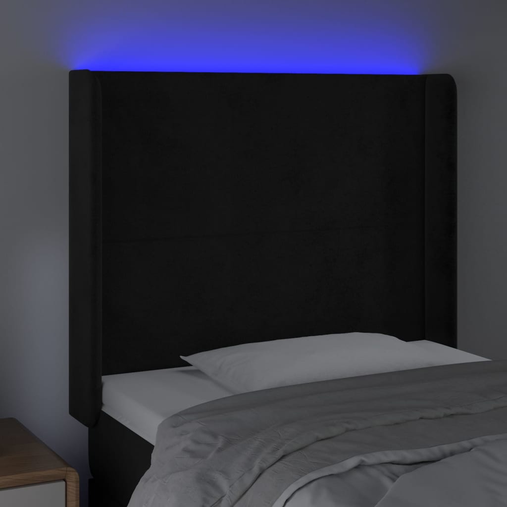 sengegavl med LED-lys 93x16x118/128 cm fløjl sort