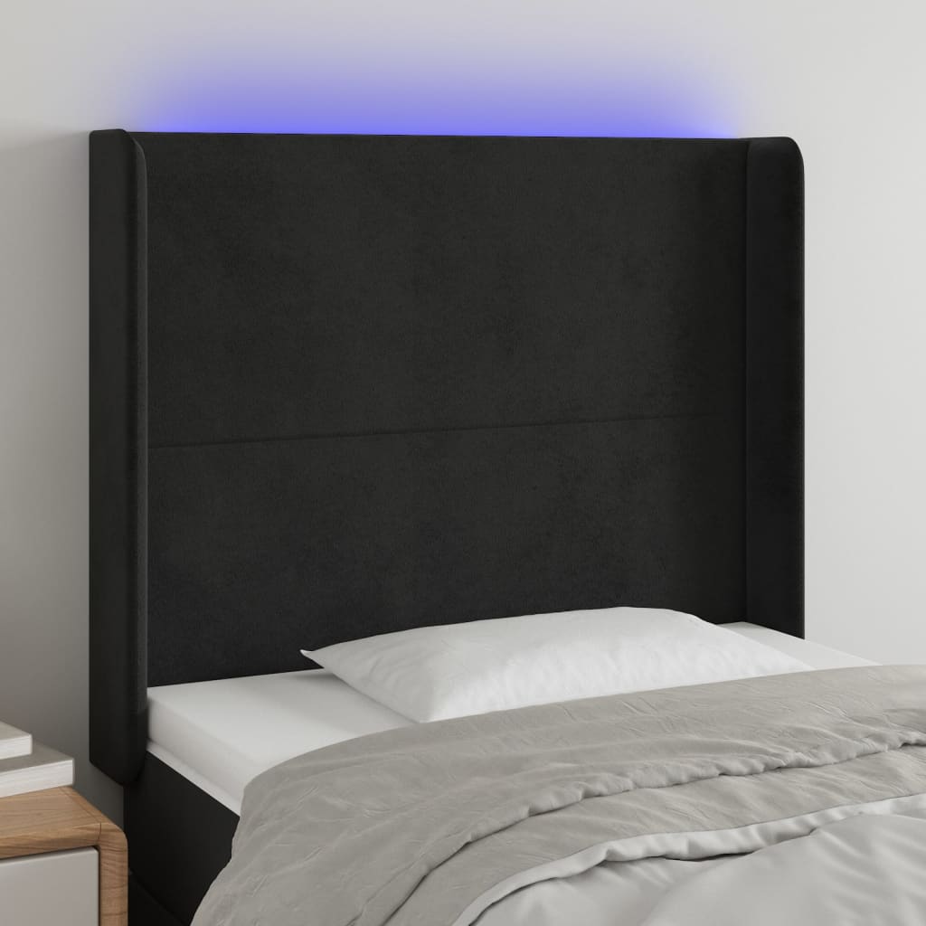 sengegavl med LED-lys 93x16x118/128 cm fløjl sort
