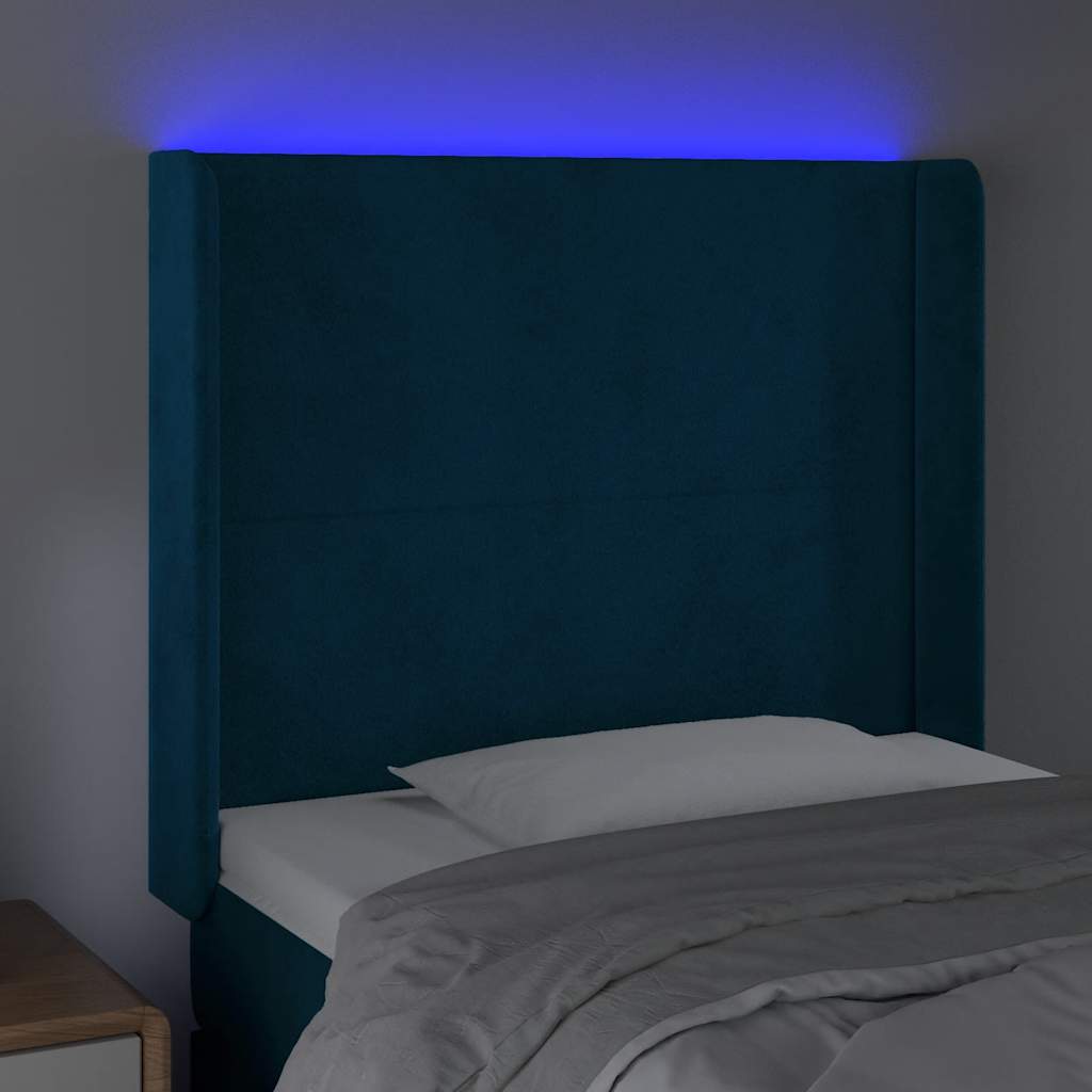 sengegavl med LED-lys 93x16x118/128 cm fløjl mørkeblå