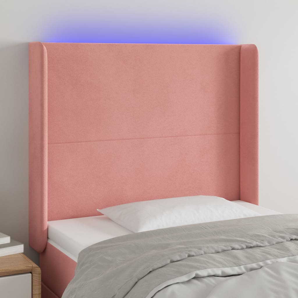 sengegavl med LED-lys 93x16x118/128 cm fløjl lyserød