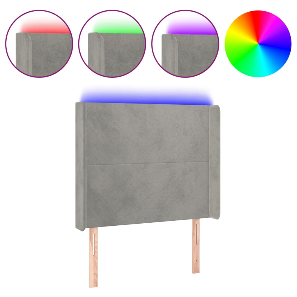 sengegavl med LED-lys 103x16x118/128 cm fløjl lysegrå