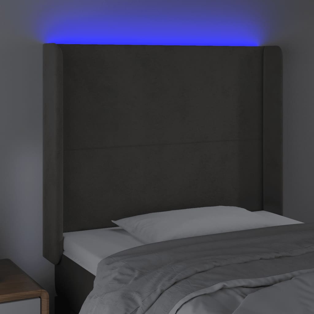 sengegavl med LED-lys 103x16x118/128 cm fløjl mørkegrå