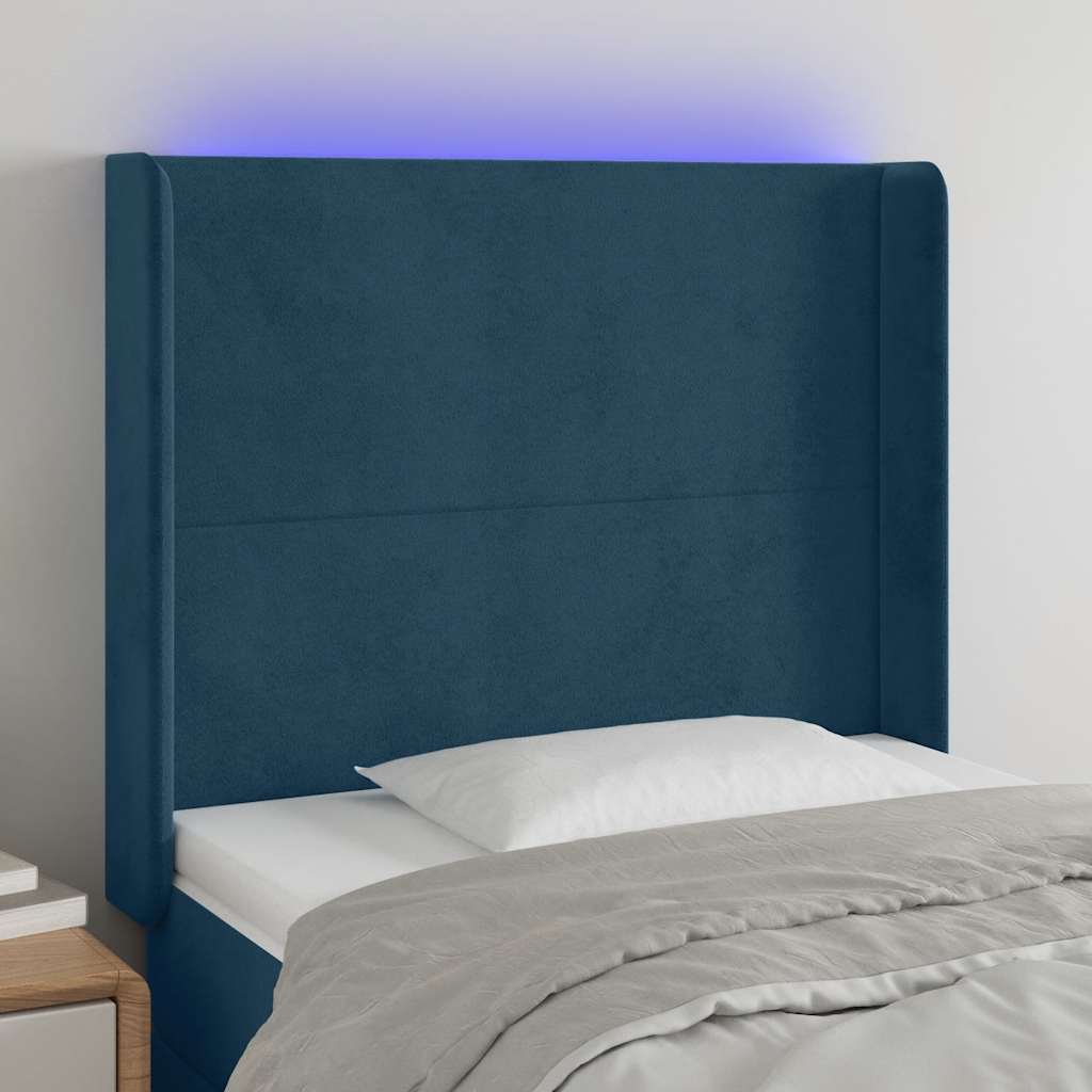 sengegavl med LED-lys 103x16x118/128 cm fløjl mørkeblå