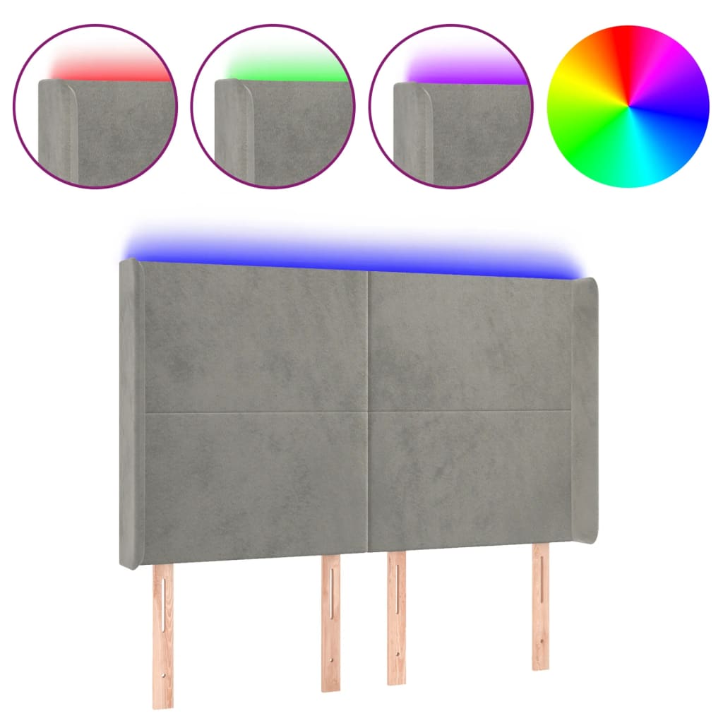 sengegavl med LED-lys 147x16x118/128 cm fløjl lysegrå