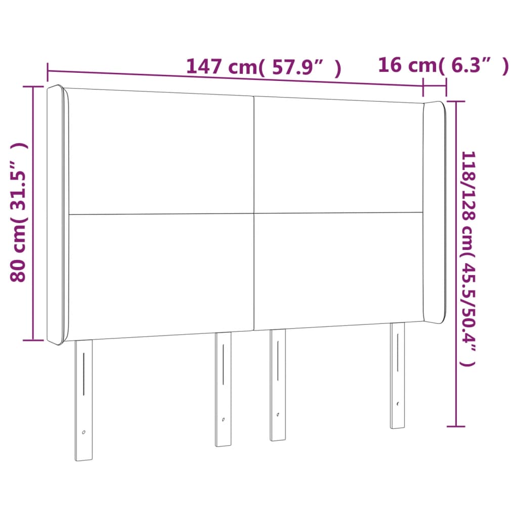 sengegavl med LED-lys 147x16x118/128 cm fløjl lysegrå