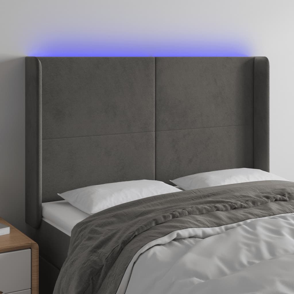 sengegavl med LED-lys 147x16x118/128 cm fløjl mørkegrå