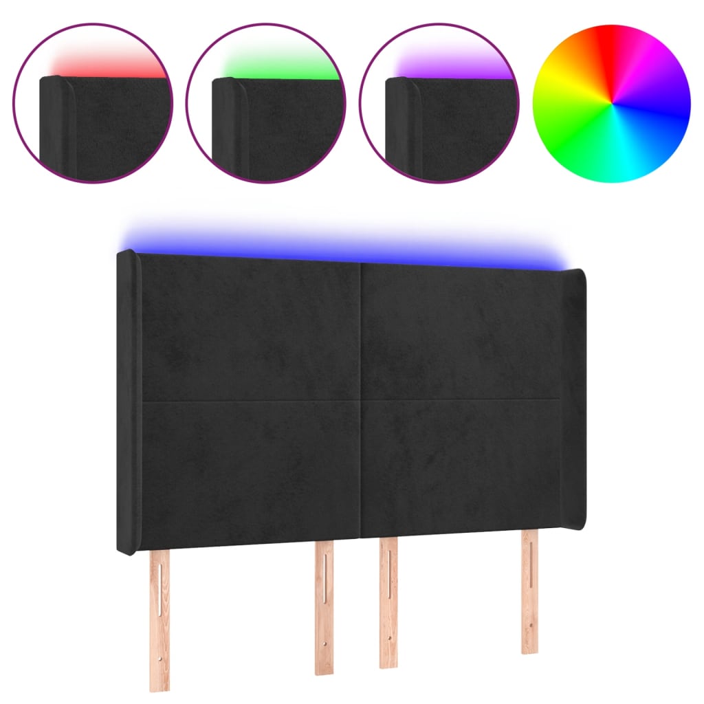 sengegavl med LED-lys 147x16x118/128 cm fløjl sort