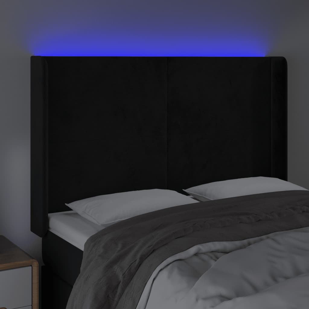 sengegavl med LED-lys 147x16x118/128 cm fløjl sort