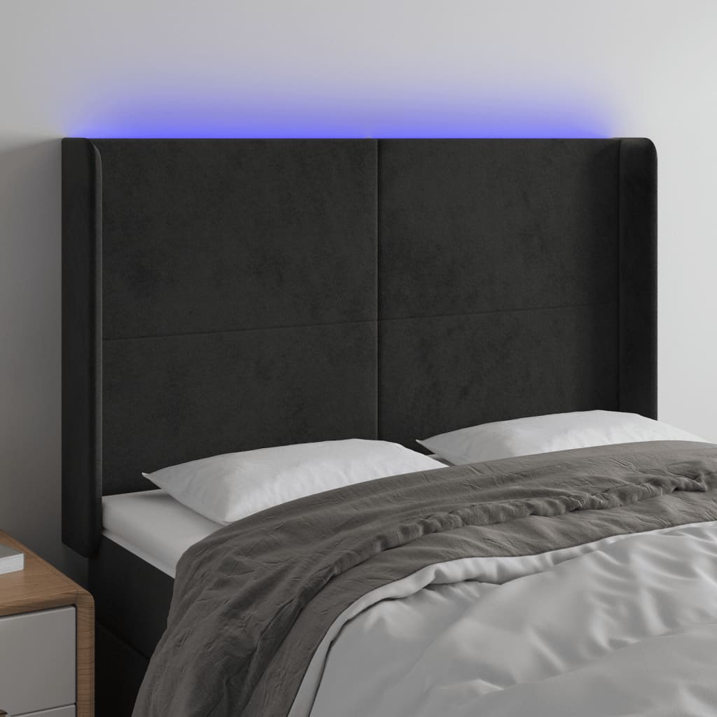 sengegavl med LED-lys 147x16x118/128 cm fløjl sort