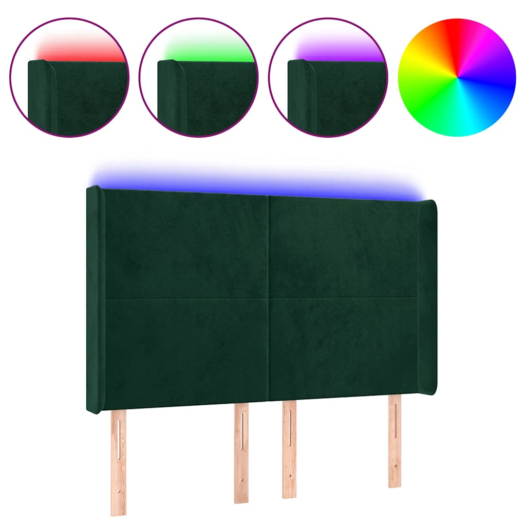 sengegavl med LED-lys 147x16x118/128 cm fløjl mørkegrøn