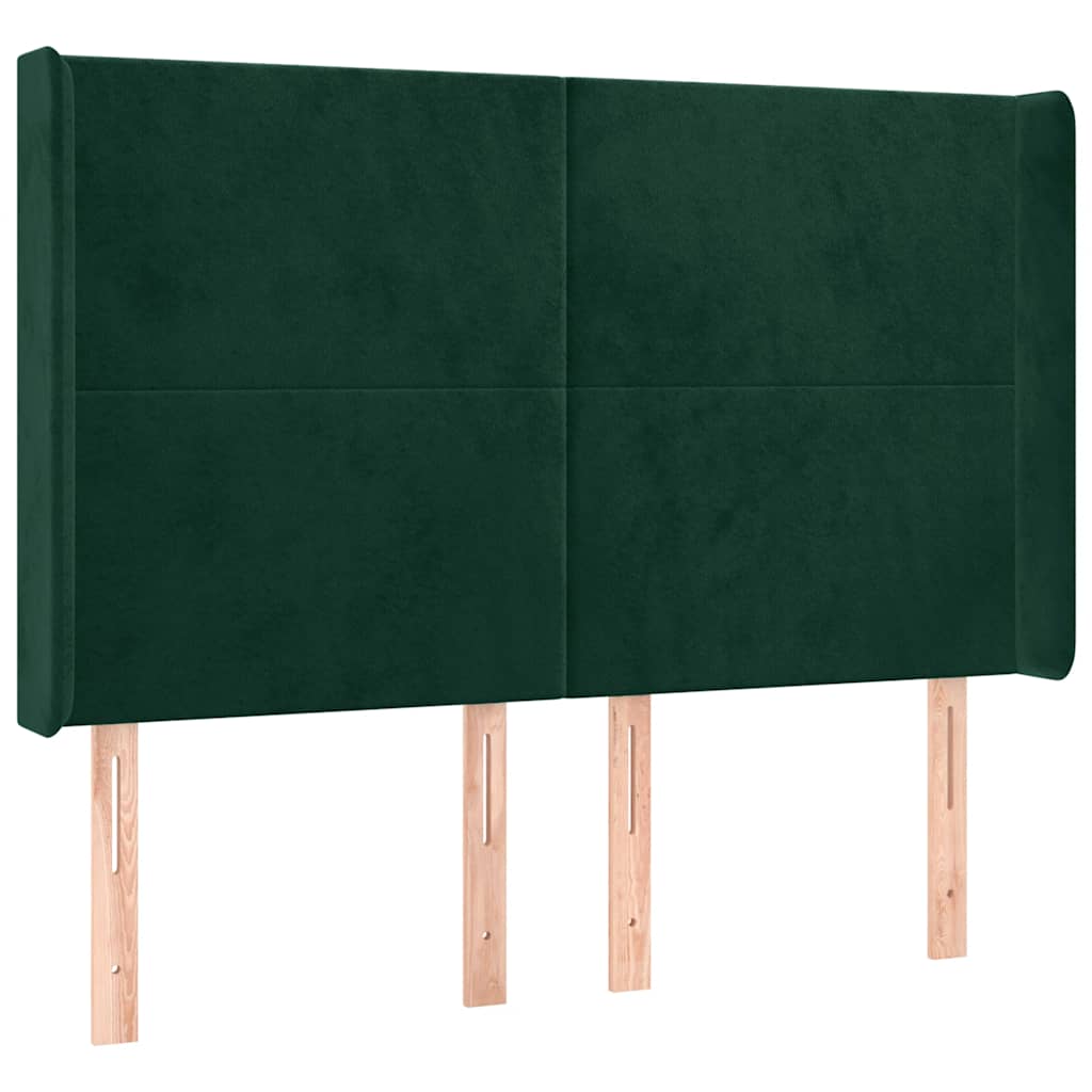sengegavl med LED-lys 147x16x118/128 cm fløjl mørkegrøn