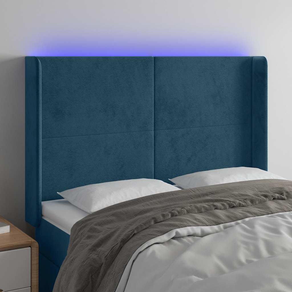 sengegavl med LED-lys 147x16x118/128 cm fløjl mørkeblå