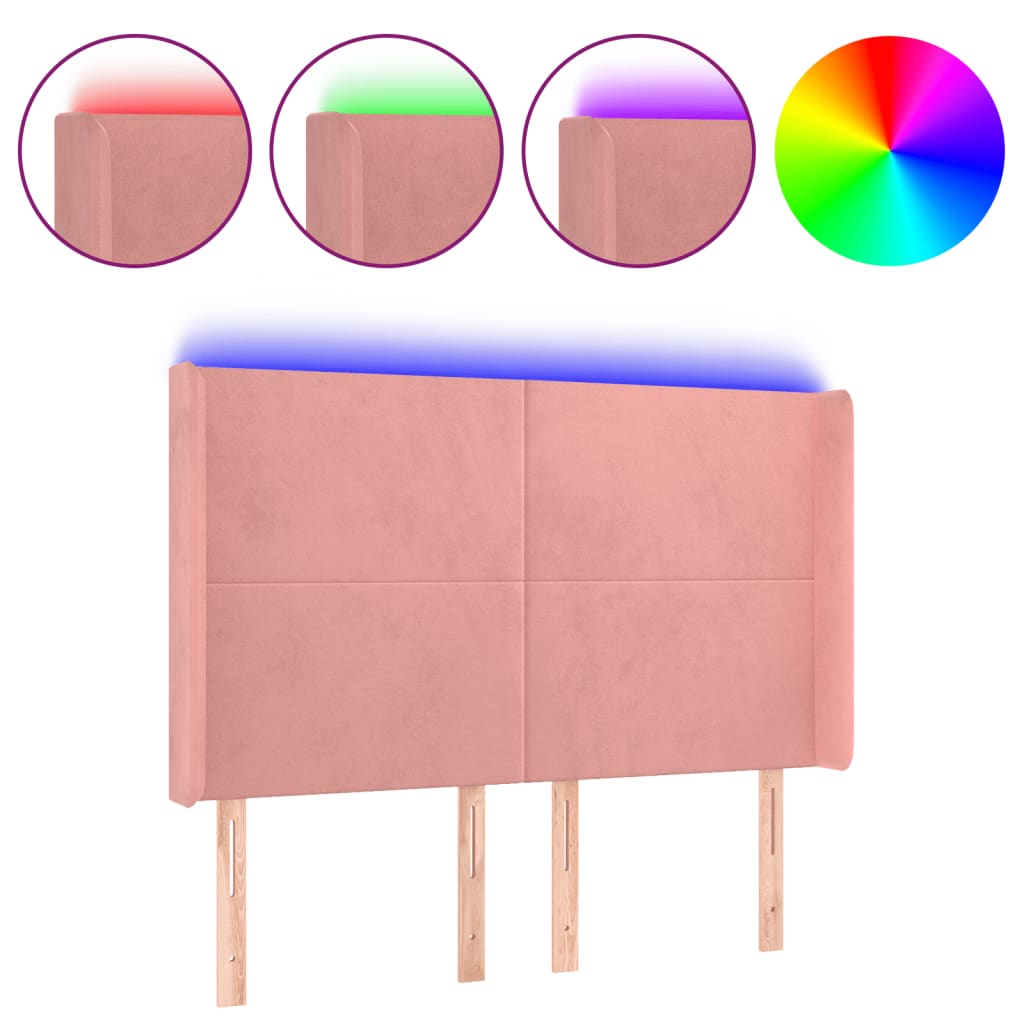 sengegavl med LED-lys 147x16x118/128 cm fløjl lyserød