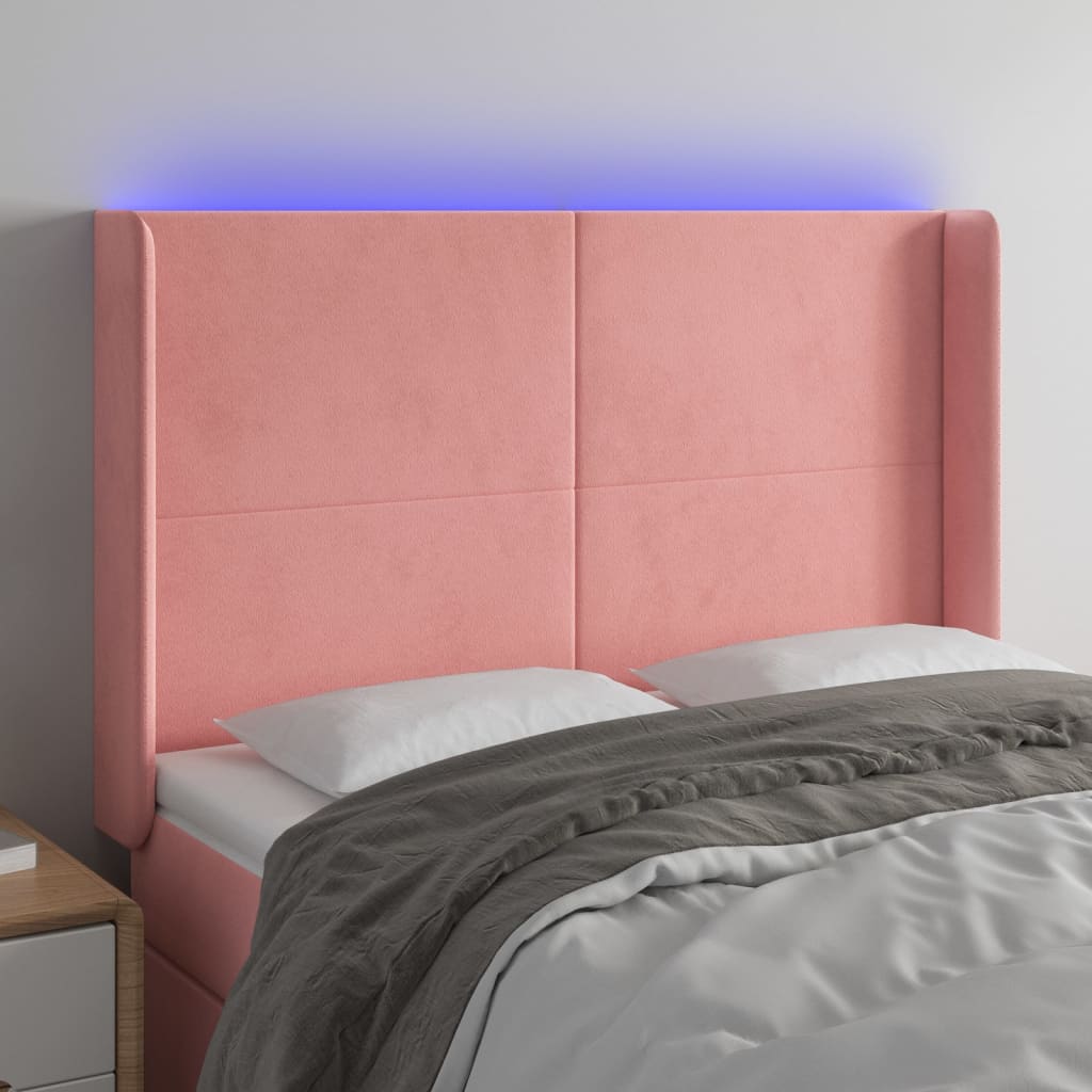 sengegavl med LED-lys 147x16x118/128 cm fløjl lyserød