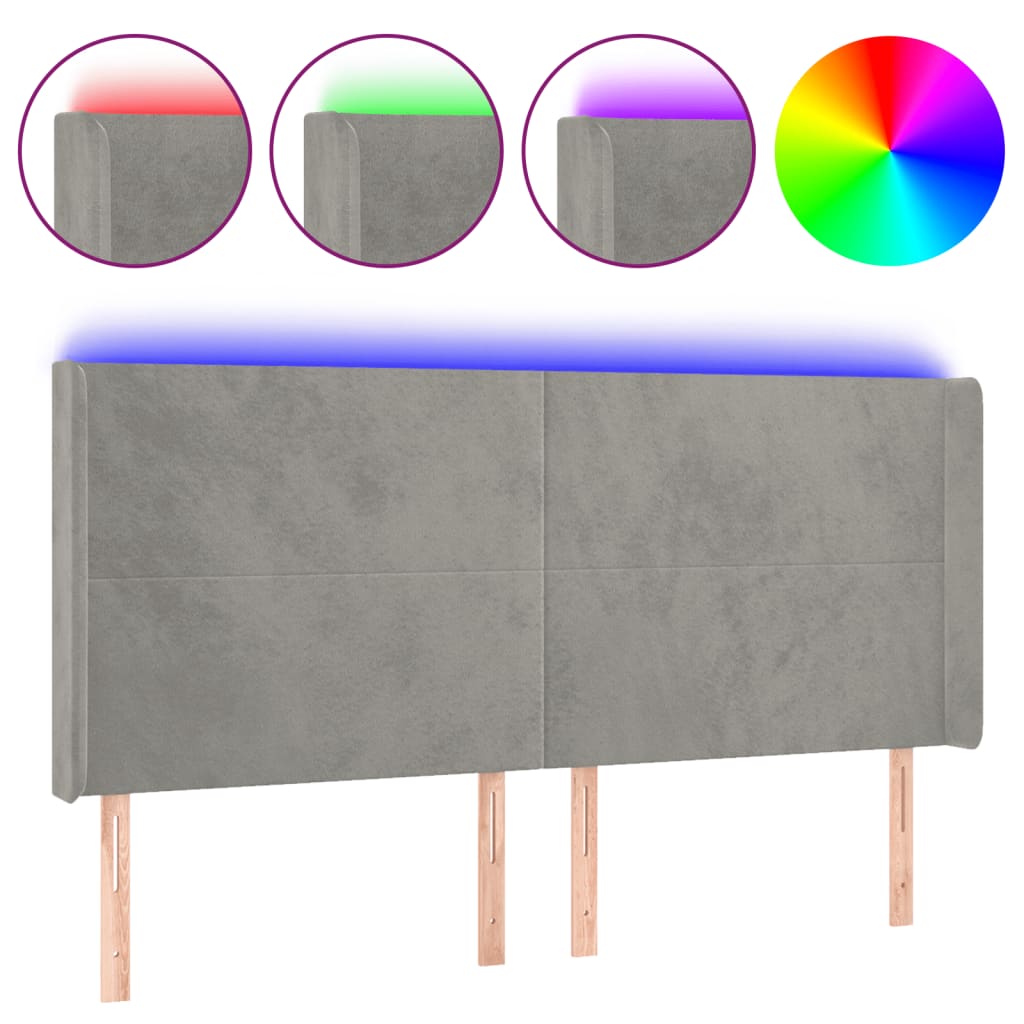 sengegavl med LED-lys 163x16x118/128 cm fløjl lysegrå