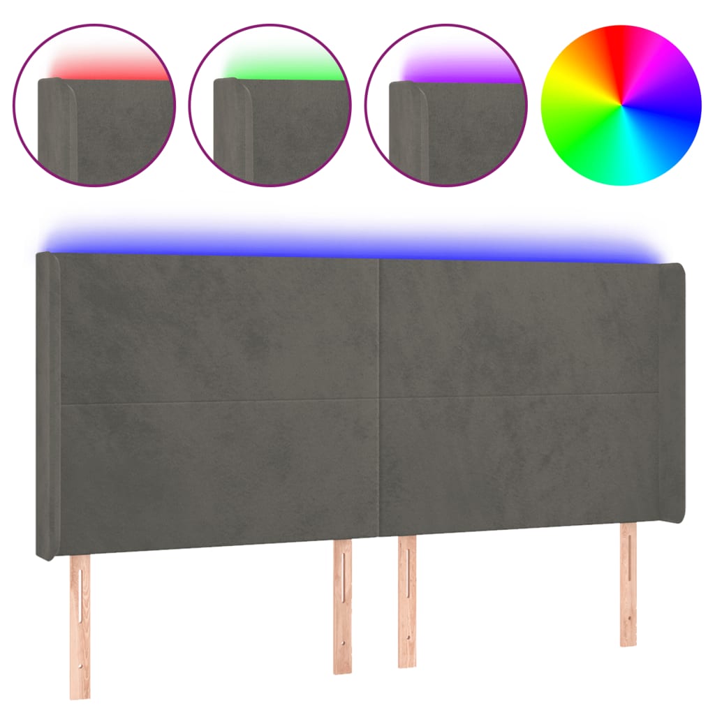 sengegavl med LED-lys 163x16x118/128 cm fløjl mørkegrå