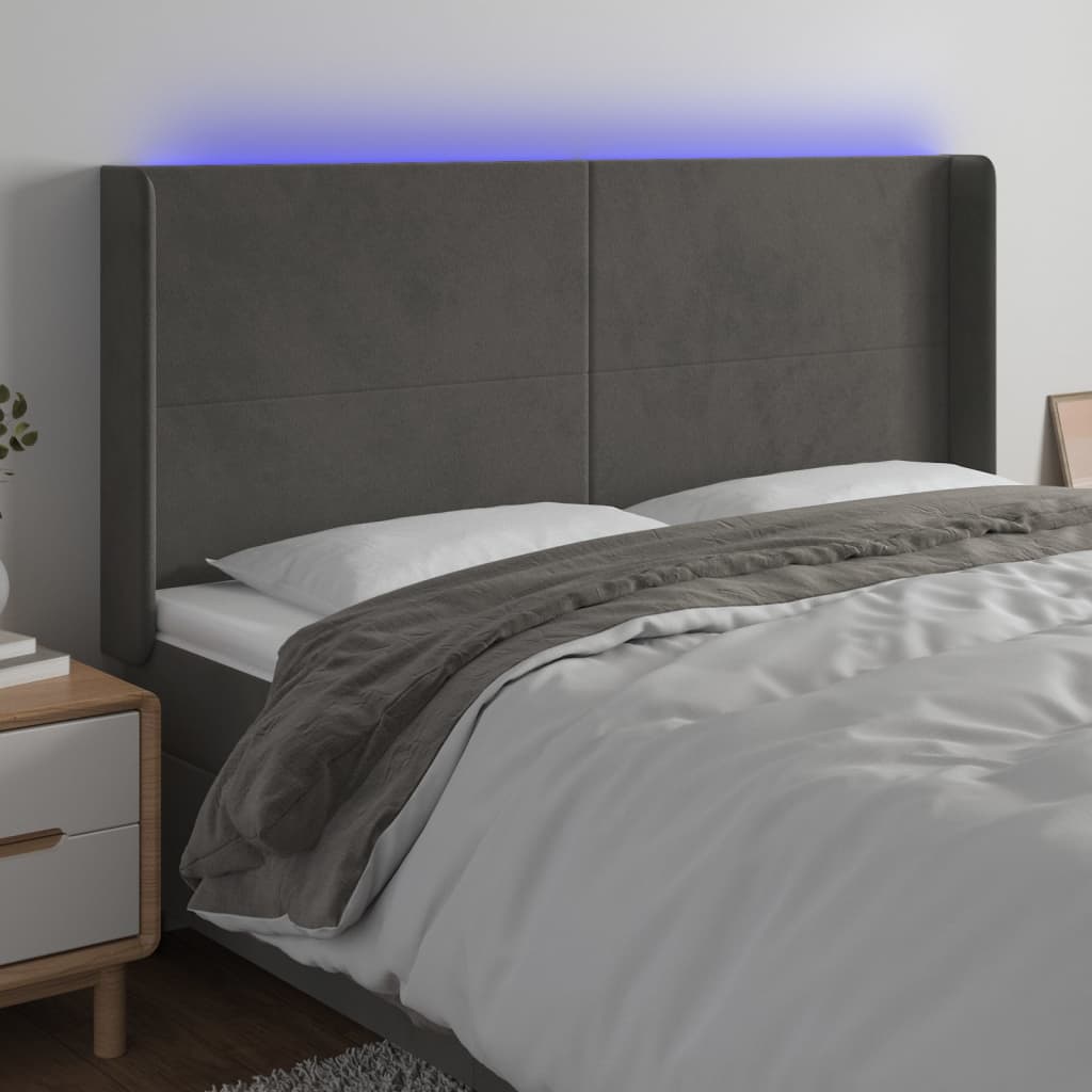 sengegavl med LED-lys 163x16x118/128 cm fløjl mørkegrå