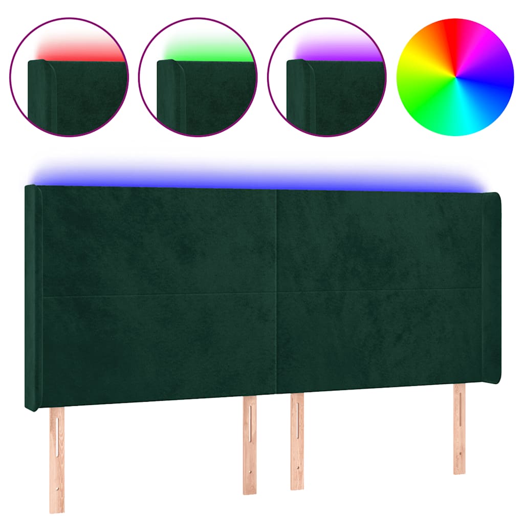 sengegavl med LED-lys 163x16x118/128 cm fløjl mørkegrøn
