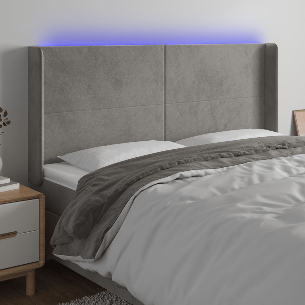 sengegavl med LED-lys 183x16x118/128 cm fløjl lysegrå