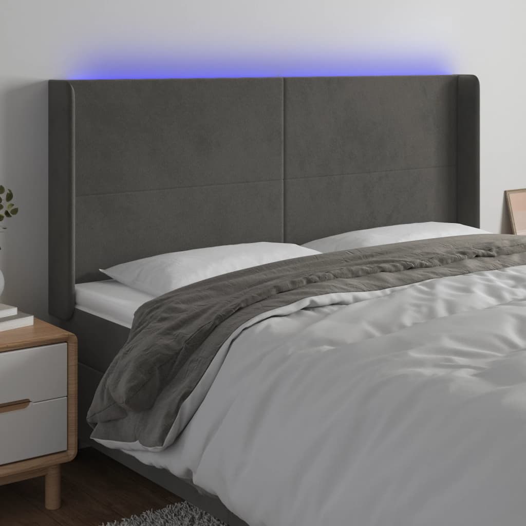 sengegavl med LED-lys 183x16x118/128 cm fløjl mørkegrå