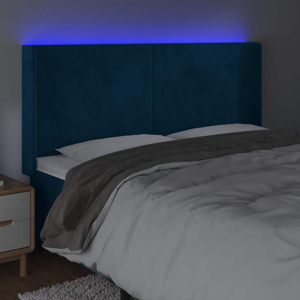 sengegavl med LED-lys 183x16x118/128 cm fløjl mørkeblå