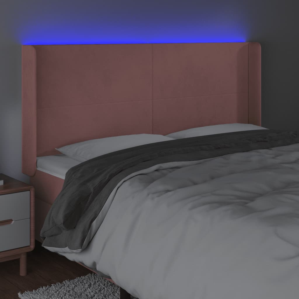 sengegavl med LED-lys 183x16x118/128 cm fløjl lyserød