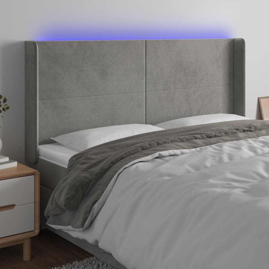 sengegavl med LED-lys 203x16x118/128 cm fløjl lysegrå