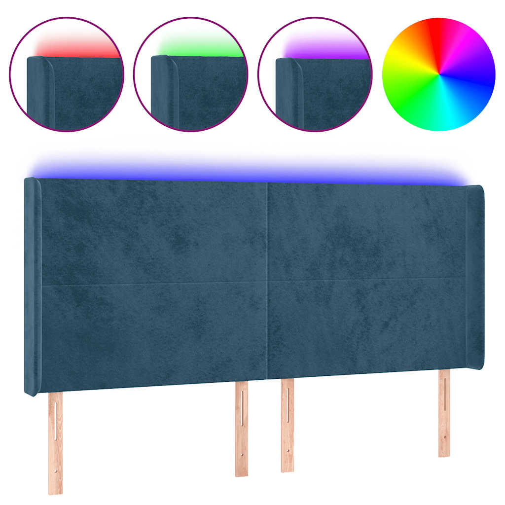 sengegavl med LED-lys 203x16x118/128 cm fløjl mørkeblå