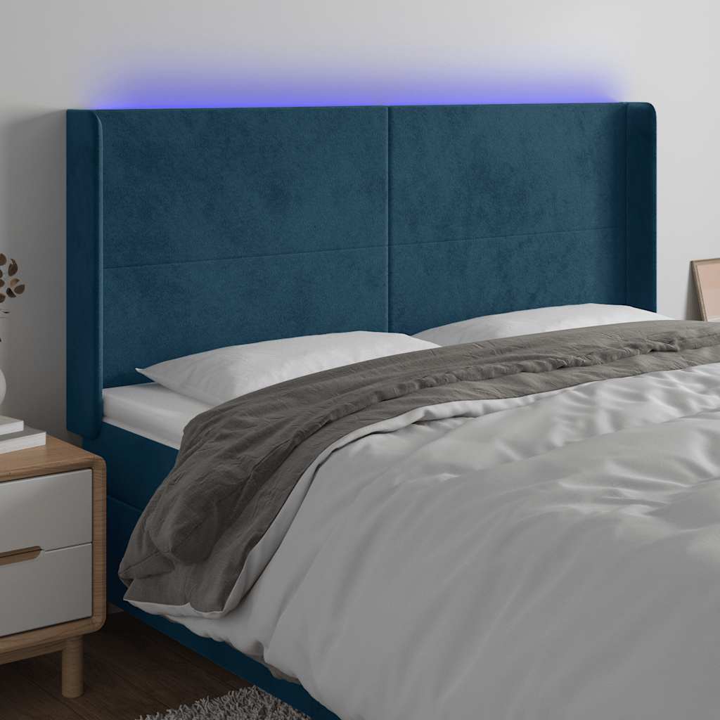 sengegavl med LED-lys 203x16x118/128 cm fløjl mørkeblå