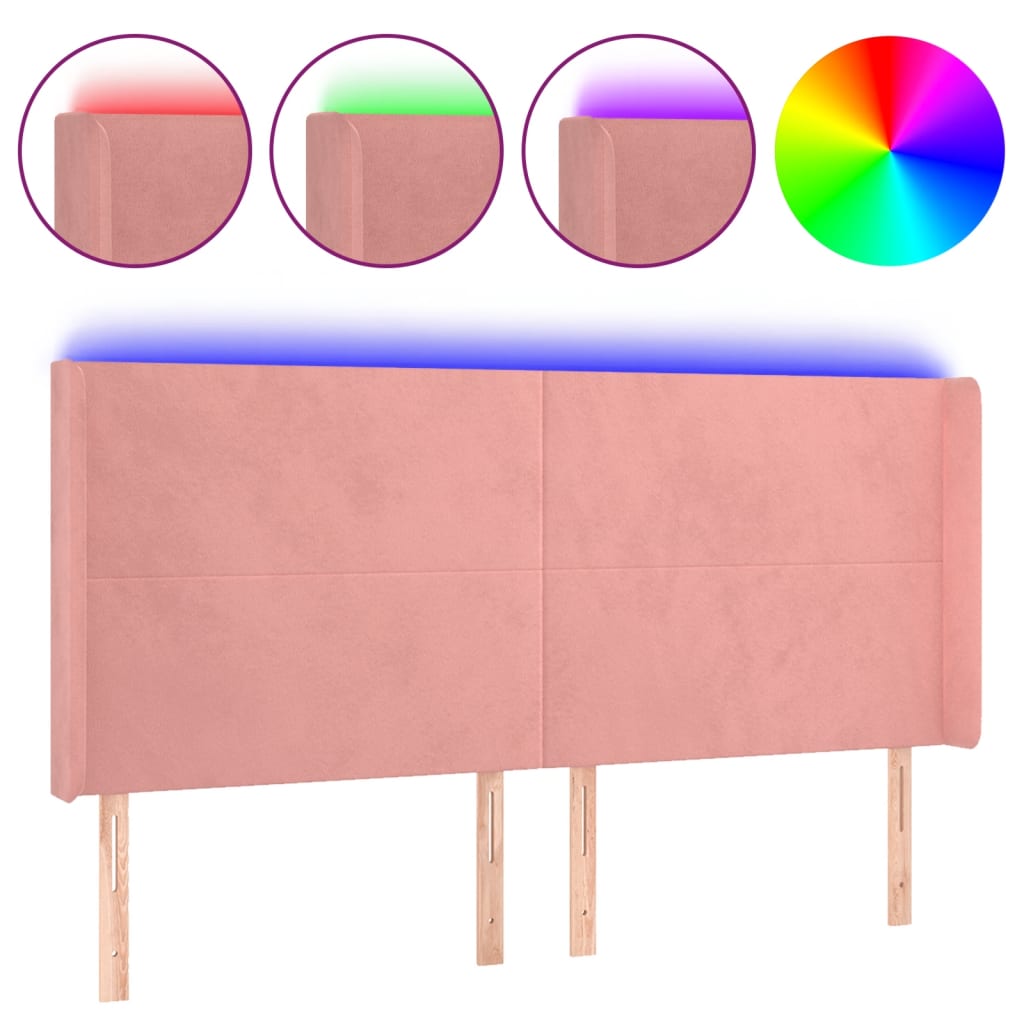 sengegavl med LED-lys 203x16x118/128 cm fløjl lyserød