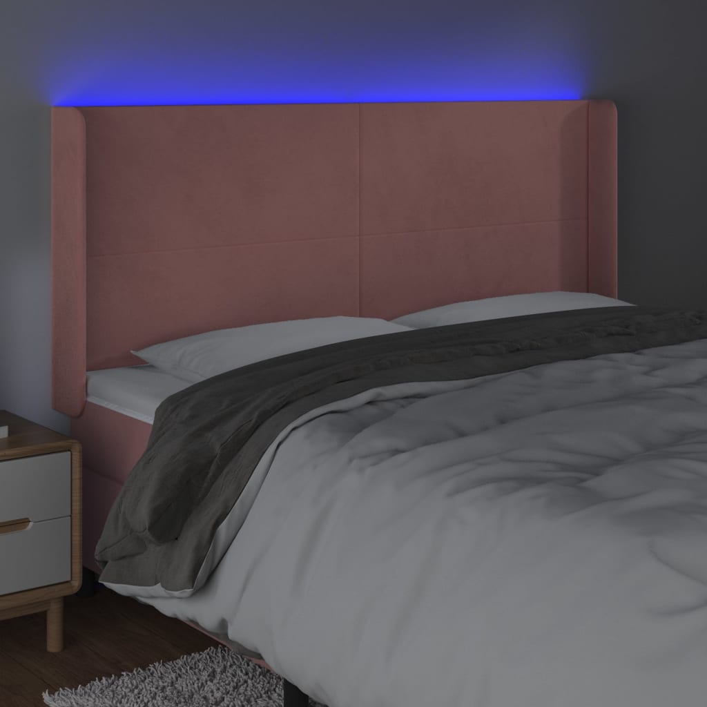 sengegavl med LED-lys 203x16x118/128 cm fløjl lyserød
