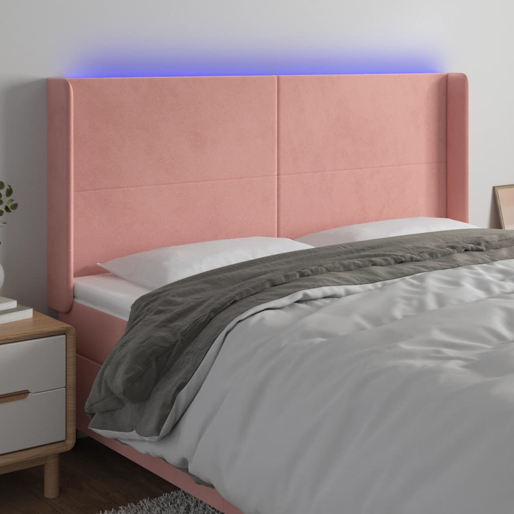 sengegavl med LED-lys 203x16x118/128 cm fløjl lyserød