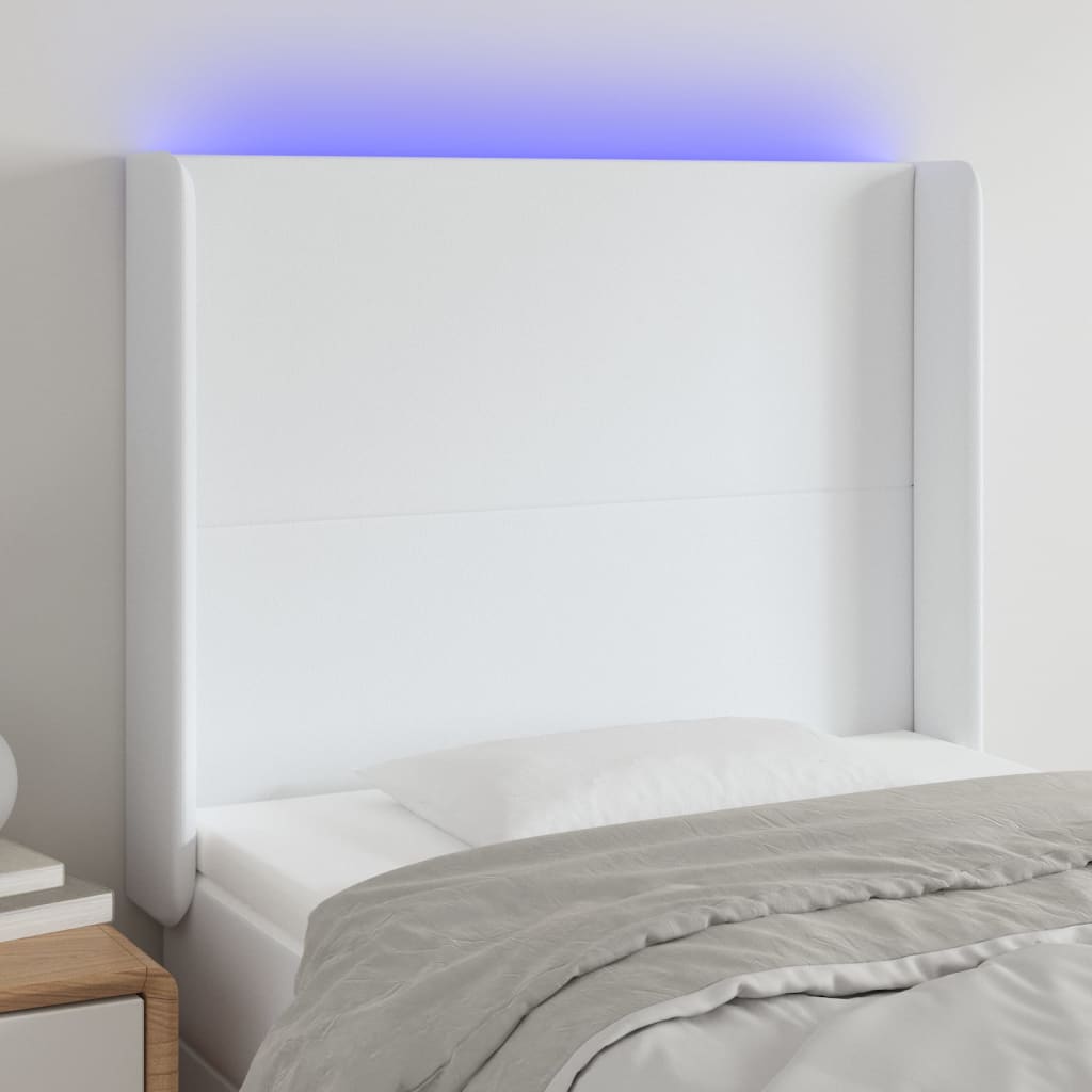 sengegavl med LED-lys 83x16x118/128 cm kunstlæder hvid