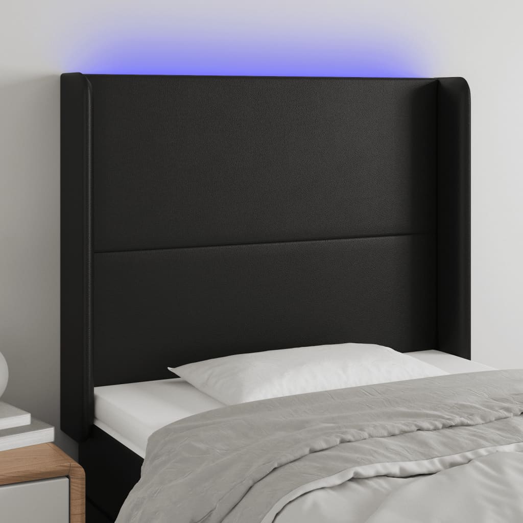 sengegavl med LED-lys 93x16x118/128 cm kunstlæder sort