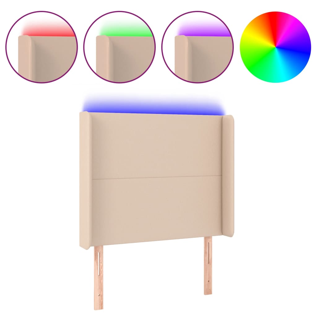 sengegavl med LED-lys 93x16x118/128 cm kunstlæder cappuccino