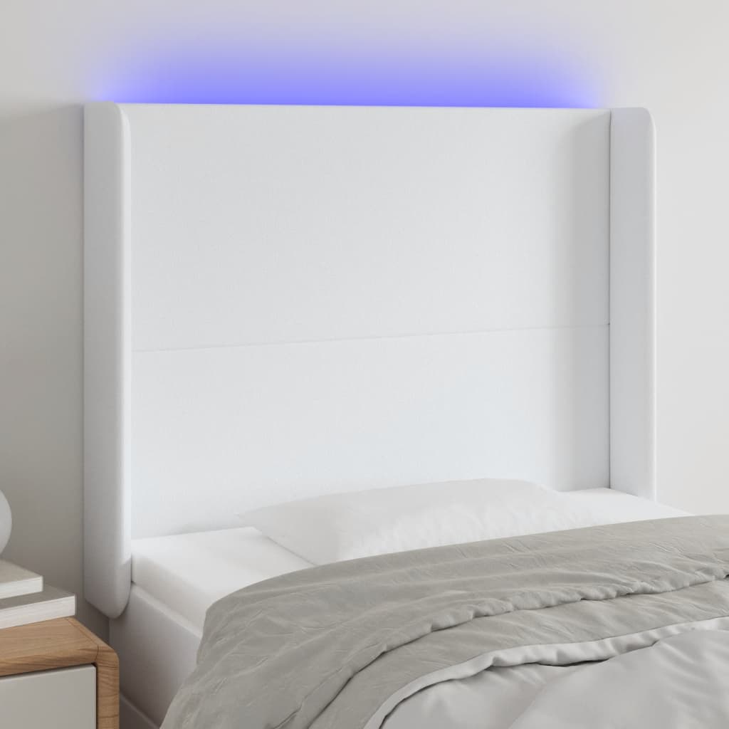 sengegavl med LED-lys 103x16x118/128 cm kunstlæder hvid