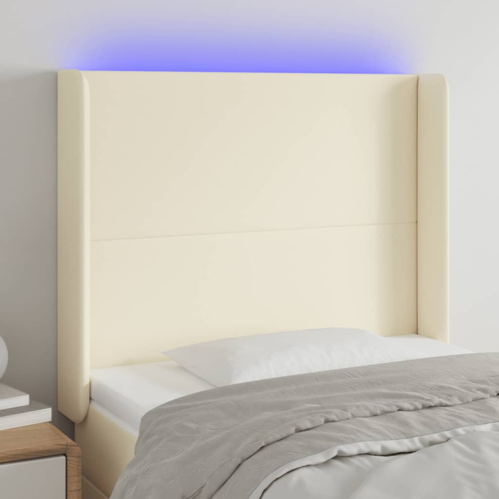 sengegavl med LED-lys 103x16x118/128 cm kunstlæder cremefarvet