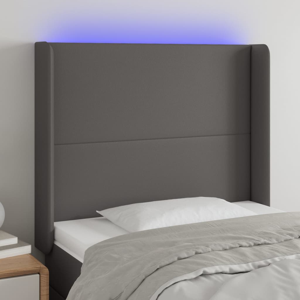 sengegavl med LED-lys 103x16x118/128 cm kunstlæder grå