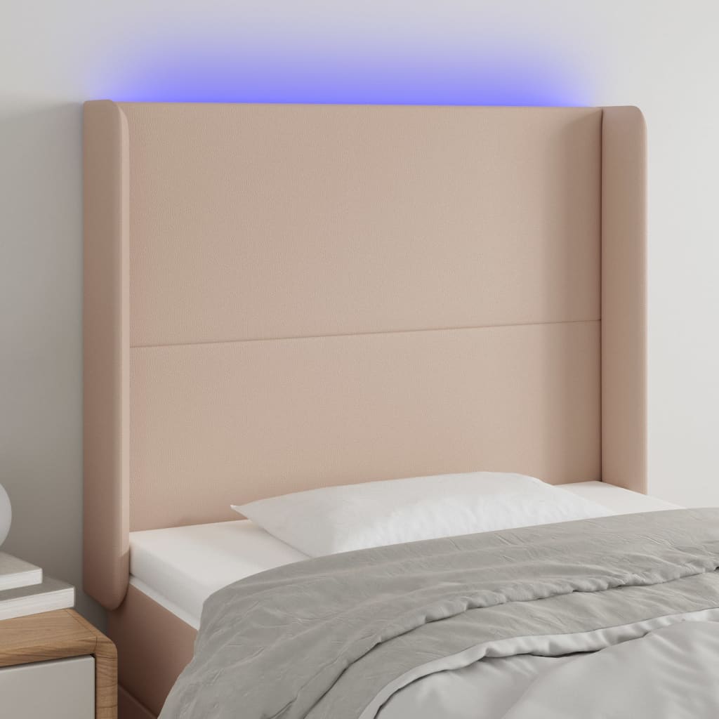 sengegavl med LED-lys 103x16x118/128 cm kunstlæder cappuccino