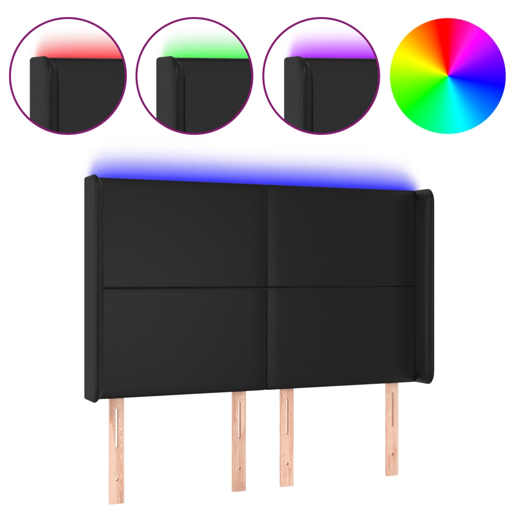 sengegavl med LED-lys 147x16x118/128 cm kunstlæder sort