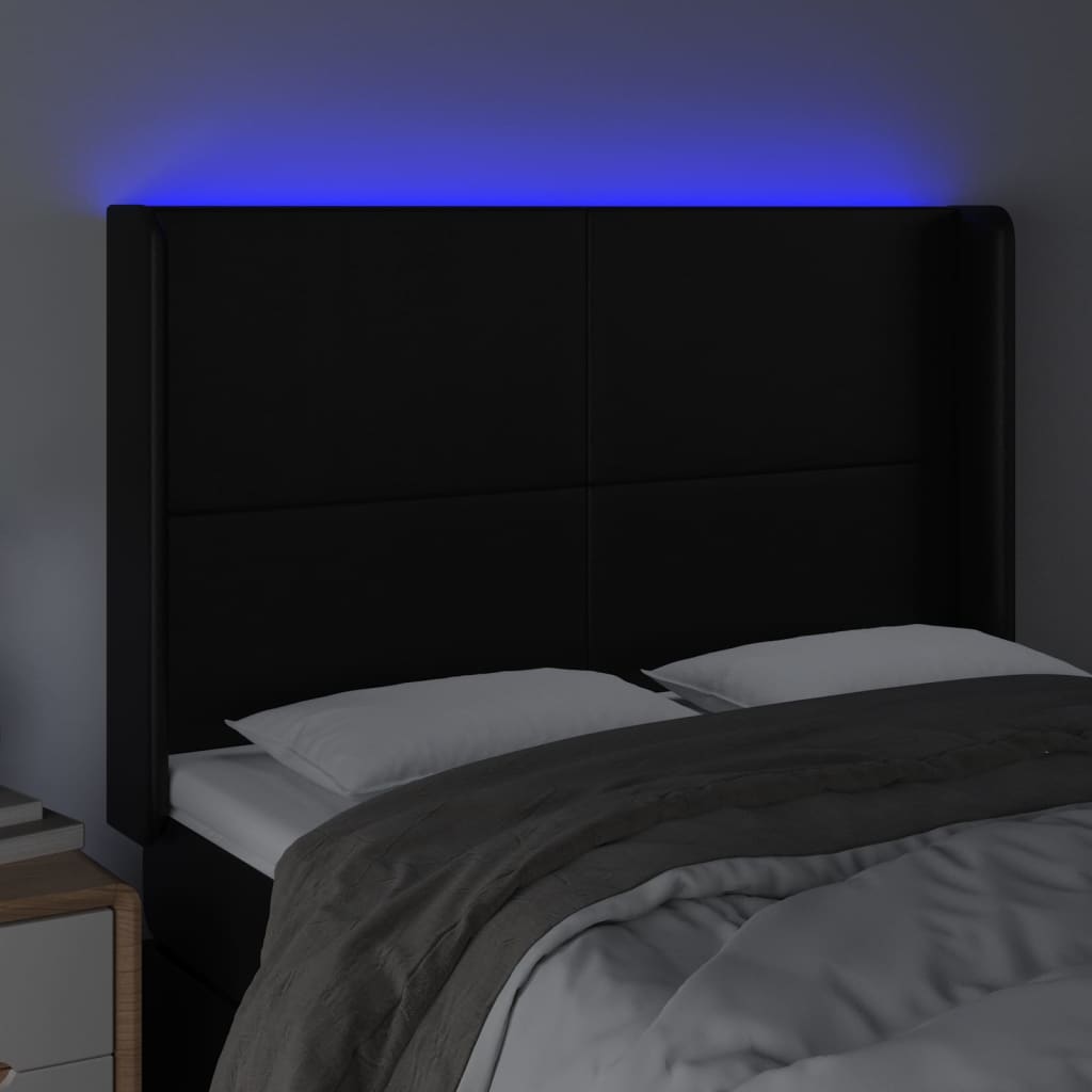 sengegavl med LED-lys 147x16x118/128 cm kunstlæder sort